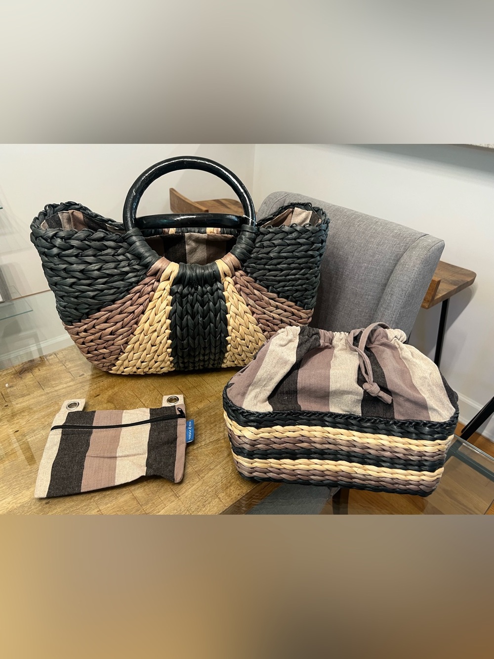 Sun and Sand 3 piece Woven Straw Tote Bag with Striped Design